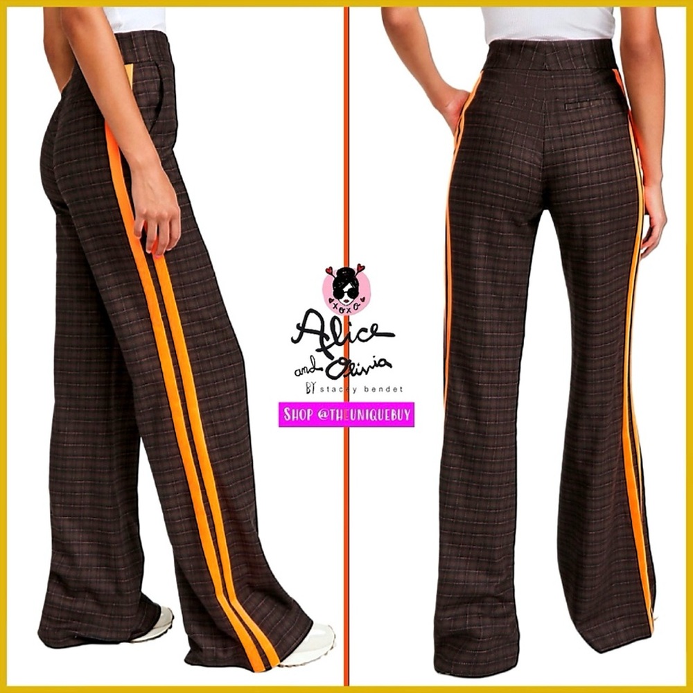 Alice + Olivia Dylan Orange Plaid High Rise Brown Black Pant - Picture 8 of 16